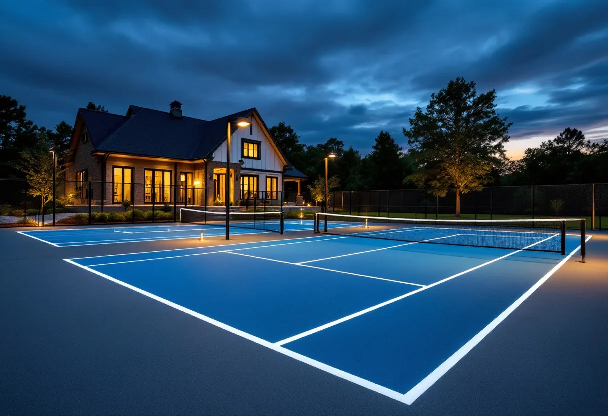 Custom backyard pickleball court at twilight with LED lighting