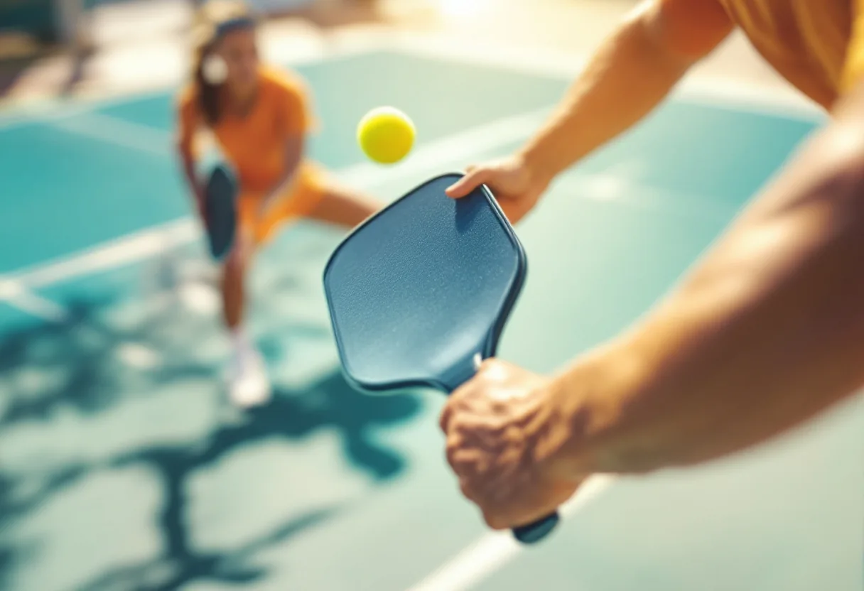 Players in a rally on a pickleball court